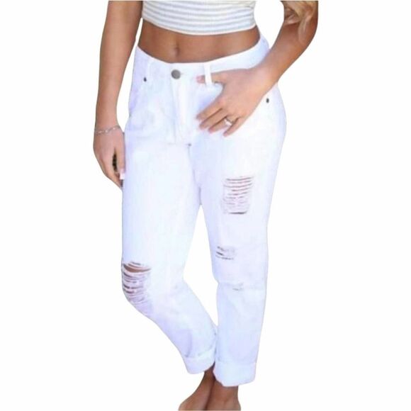Elan Boyfriend DenimĀ Distressed White Ripped JeansāSizeāSmall - Picture 1 of 11